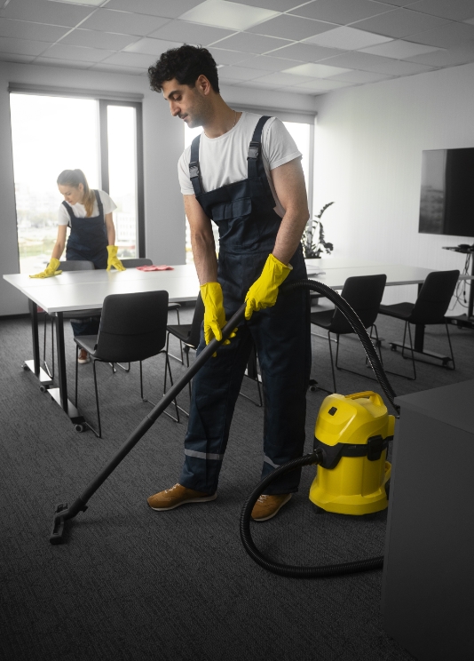 full shot people cleaning office